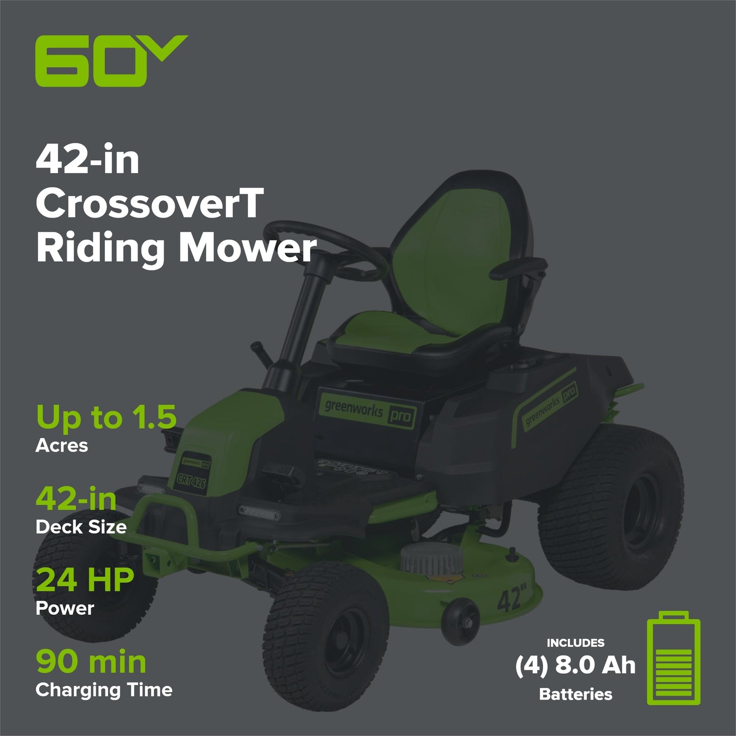 60V 42″ Cordless Battery CrossoverT Riding Lawn Mower, (4) 8.0 Ah Batteries and (2) Dual-Port Turbo Chargers