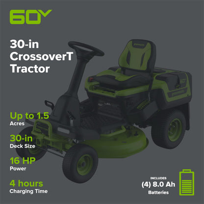 60V 30″ CrossoverT Riding Lawn Tractor with (4) 8.0 Ah Batteries and 600-Watt Charger