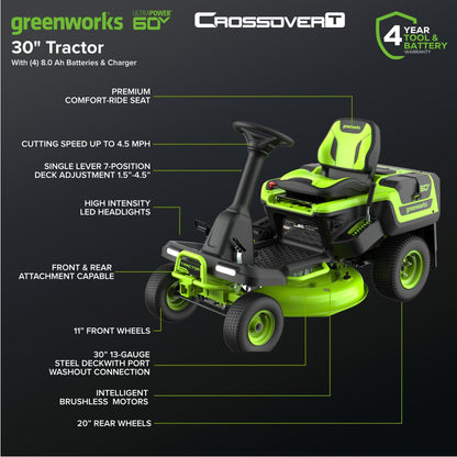 60V 30″ CrossoverT Riding Lawn Tractor with (4) 8.0 Ah Batteries and 600-Watt Charger