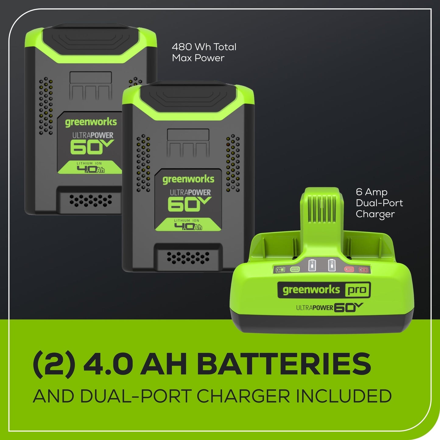 60V 25″ Self-Propelled Lawn Mower 4-pc Combo Kit: (2) 4.0 Ah Batteries and Dual-Port Charger