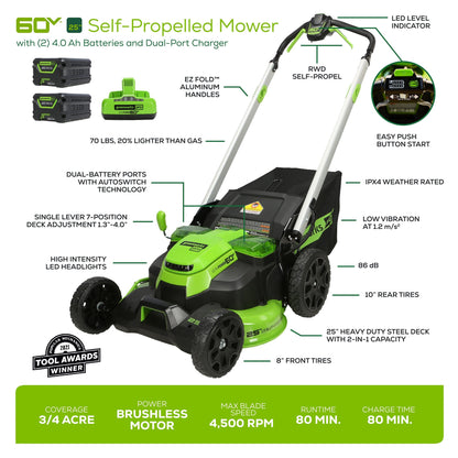 60V 25″ Cordless Battery Self-Propelled Mower Combo Kit, Blower: (2) 4.0 Ah Batteries and Dual-Port Charger