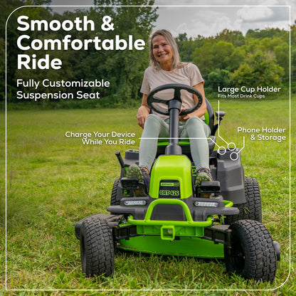 60V 42″ Cordless Battery CrossoverT Riding Lawn Mower, (4) 8.0 Ah Batteries and (2) Dual-Port Turbo Chargers