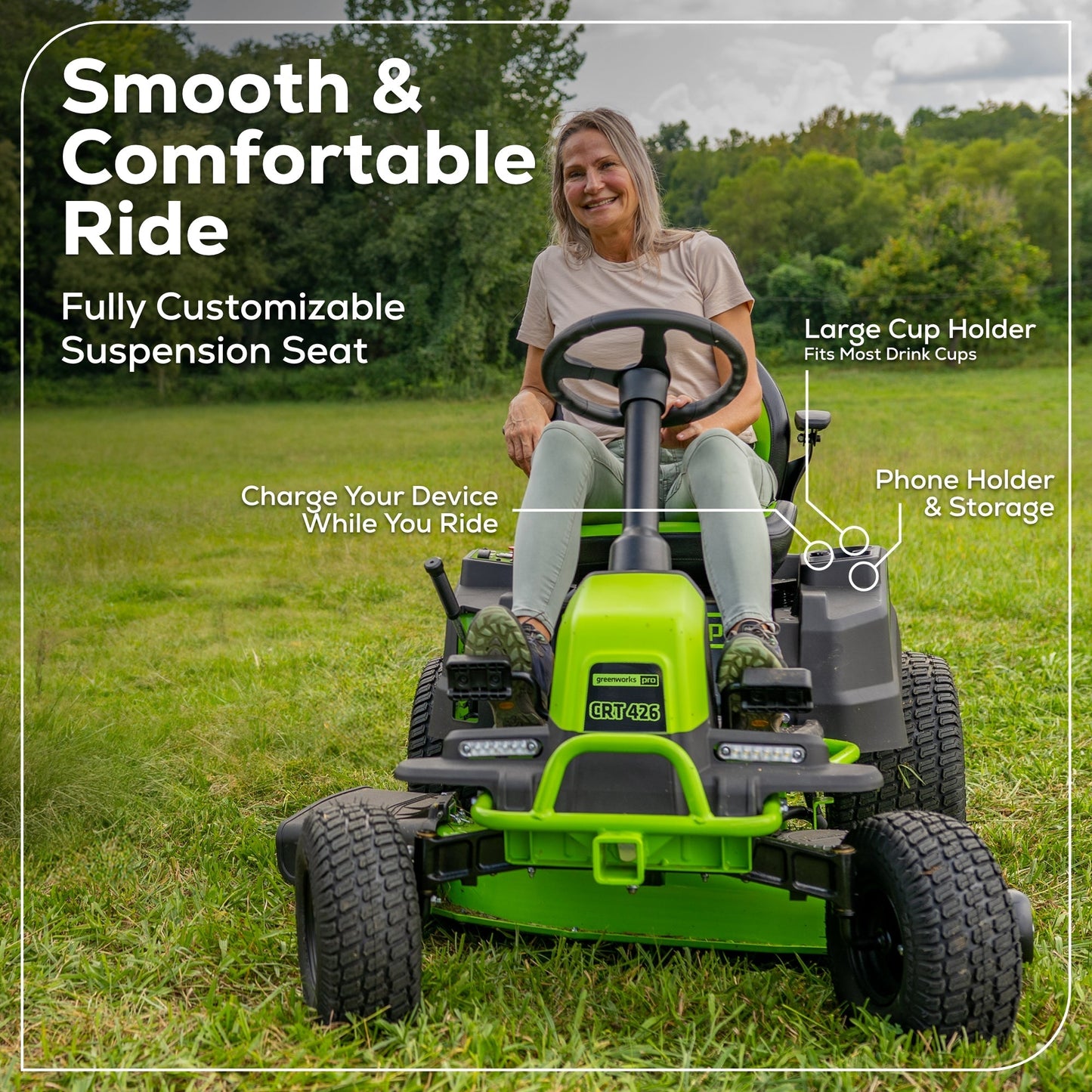 60V 42″ Cordless Battery CrossoverT Riding Lawn Mower: (6) 8.0 Ah Batteries and (3) Dual-Port Turbo Chargers