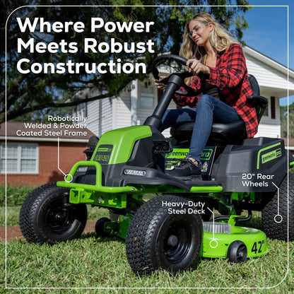60V 42″ Cordless Battery CrossoverT Riding Lawn Mower, (4) 8.0 Ah Batteries and (2) Dual-Port Turbo Chargers