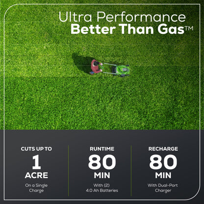 60V 25″ Dual Blade Self-Propelled Mower 5-pc Combo Kit, (3) 4.0 Ah Batteries, (1) Single Port Chargers and (1) Dual-Port Charger